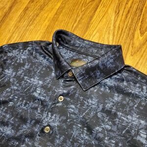 Greg Norman Polo Golf Shirt Men Medium Blue Palm Tree Geometric Play Dry